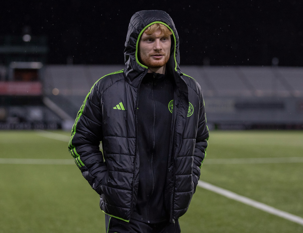 Liam Scales of Celtic arrives at the Falkirk Stadium.