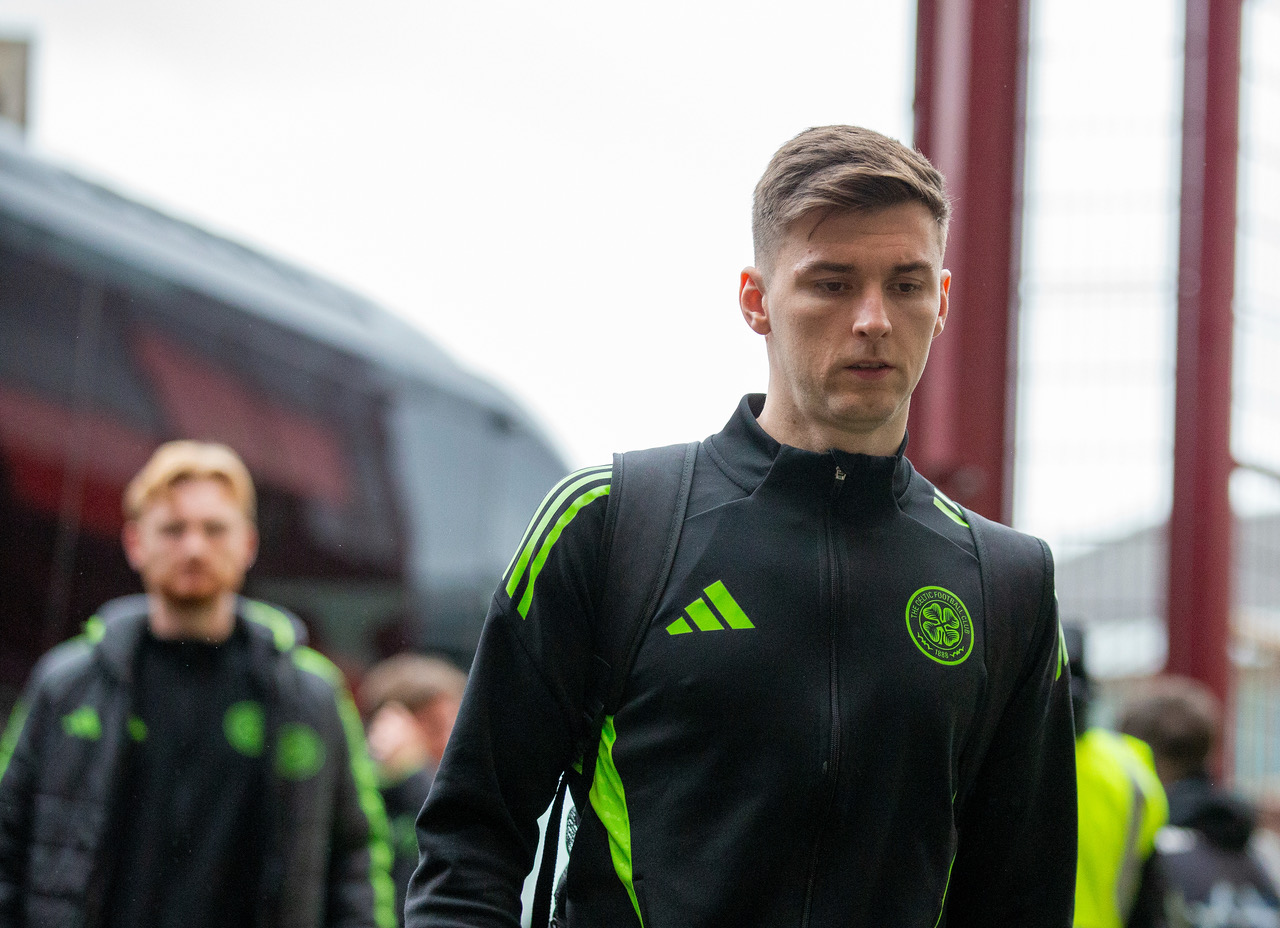 Kieran Tierney arrives at Tynecastle.