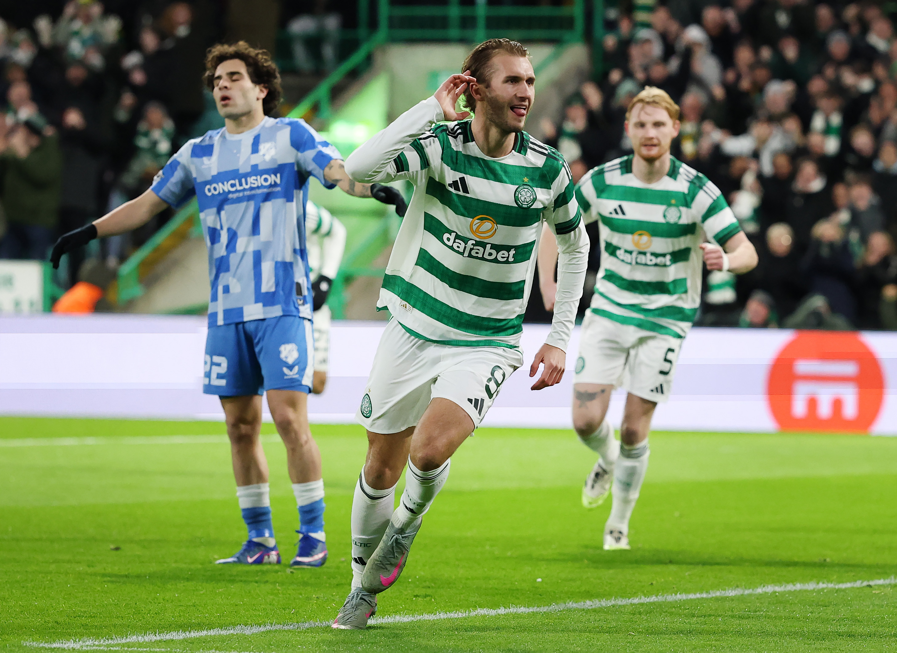 Benjamin Nygren of Celtic celebrates