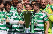 Callum McGregor and James Forrest of Celtic lift the League trophy
