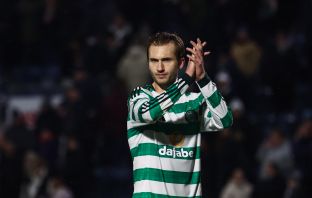 Benjamin Nygren of Celtic applauds the fans