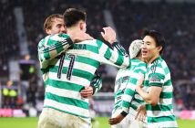 Tomas Cvancara, Benjamin Nygren and Hyunjun Yang of Celtic celebrate