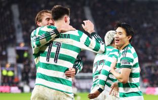 Tomas Cvancara, Benjamin Nygren and Hyunjun Yang of Celtic celebrate