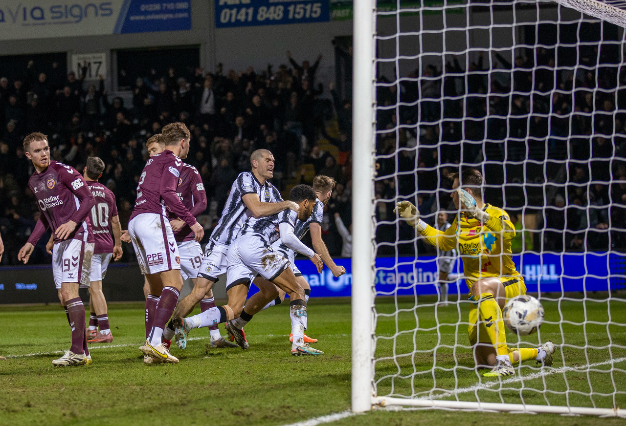 Miguel Freckleton of St Mirren scores the winner against Hearts