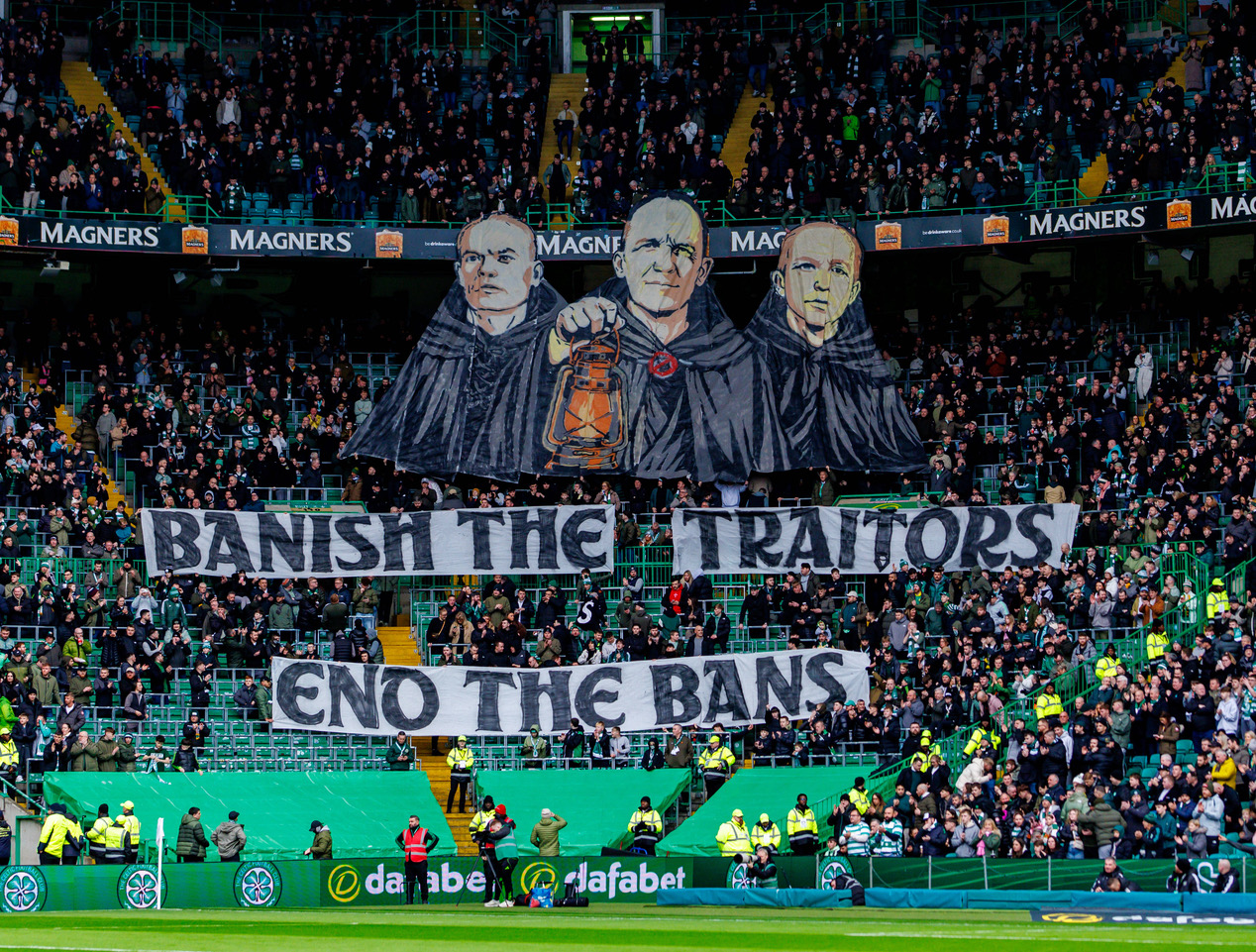 Banish The Traitors - End the Bans banner in the crowd Celtic v Falkirk, Scottish Premiership, Celtic Park