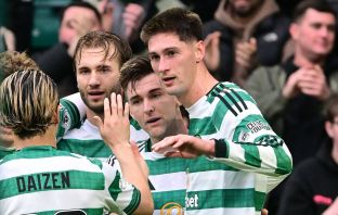 Tomas Cvancara of Celtic celebrates with Kieran Tierney