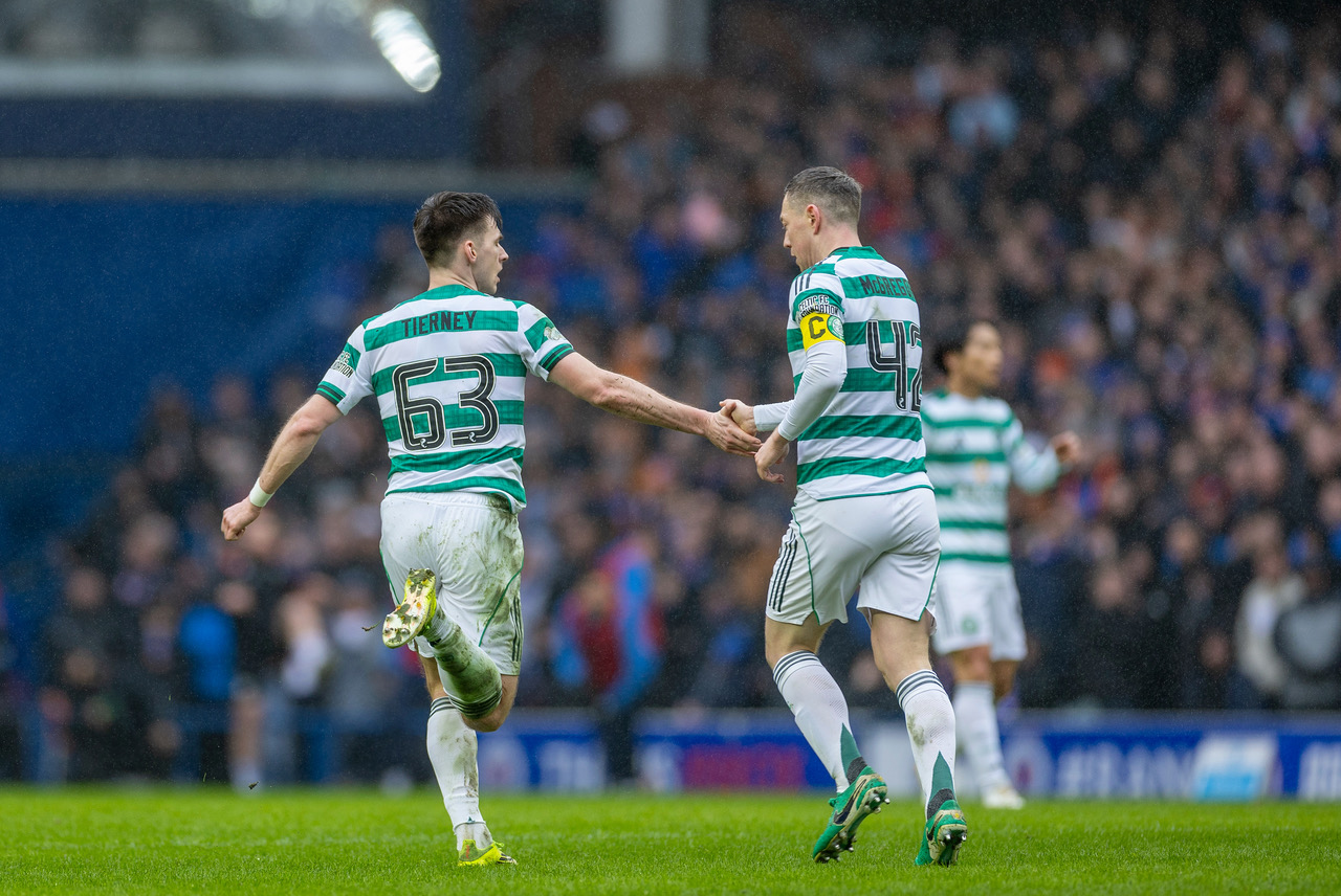 Kieran Tierney celebrates with Callum McGregor