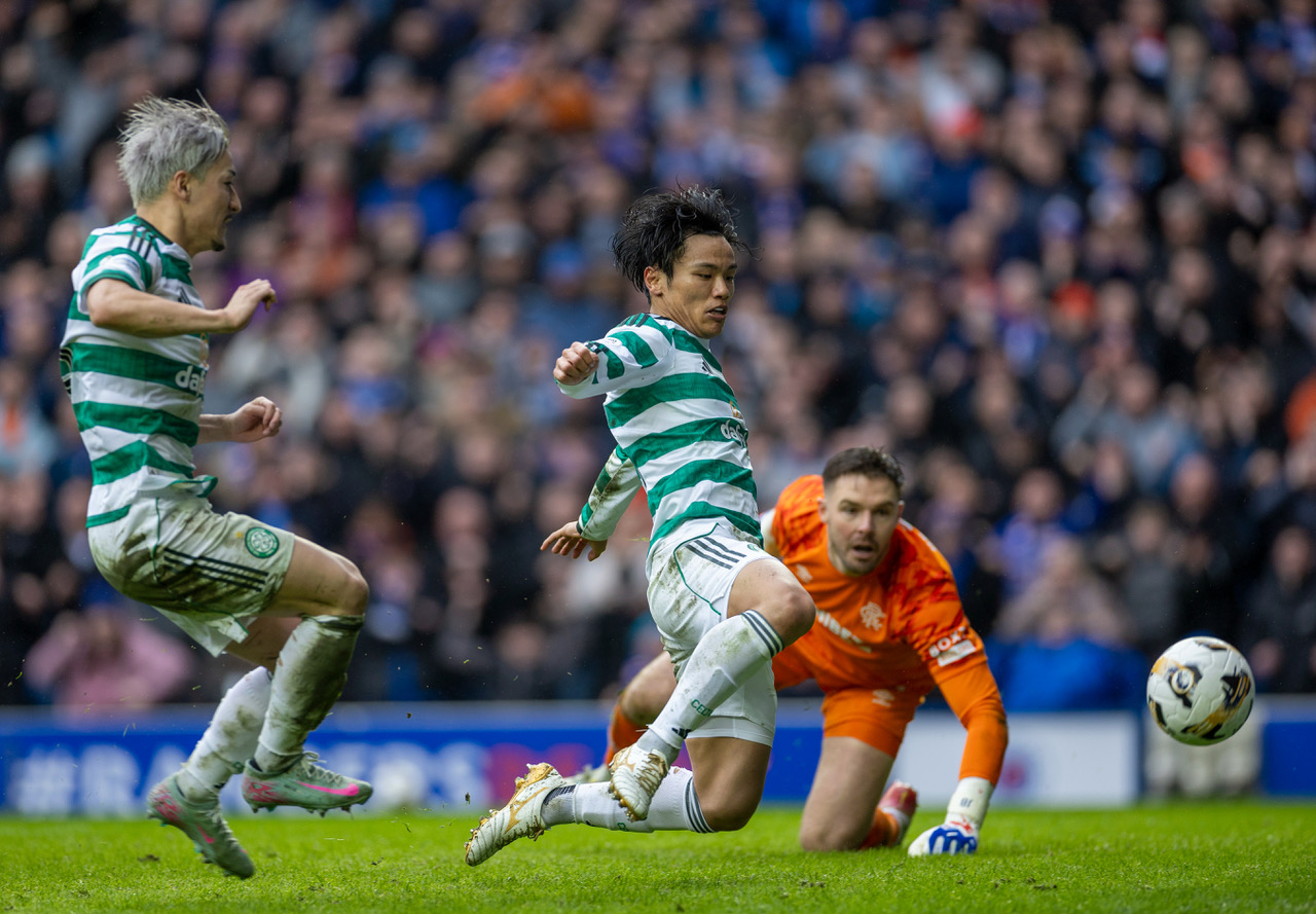 Reo Hatate scores at Ibrox
