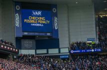 VAR Checking Possible Penalty on the screens at Ibrox