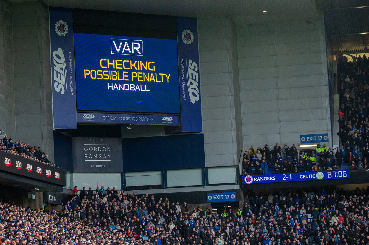 VAR Checking Possible Penalty on the screens at Ibrox