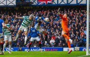 Daizen Maeda forces the penalty at Ibrox
