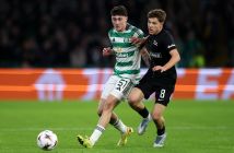 Colby Donovan of Celtic battles for possession with Filip Rozga of Sturm Graz