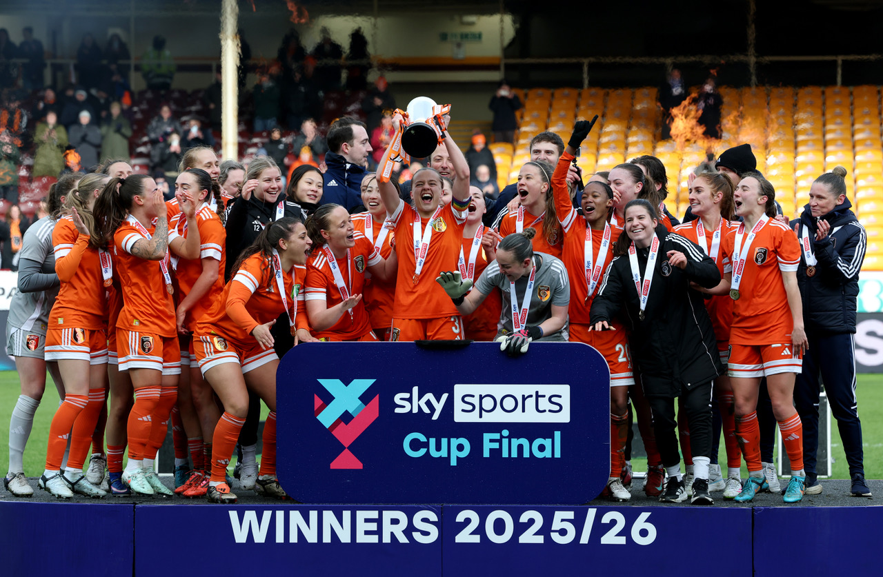 Amy Muir of Glasgow City lifts the Sky Sports Cup 