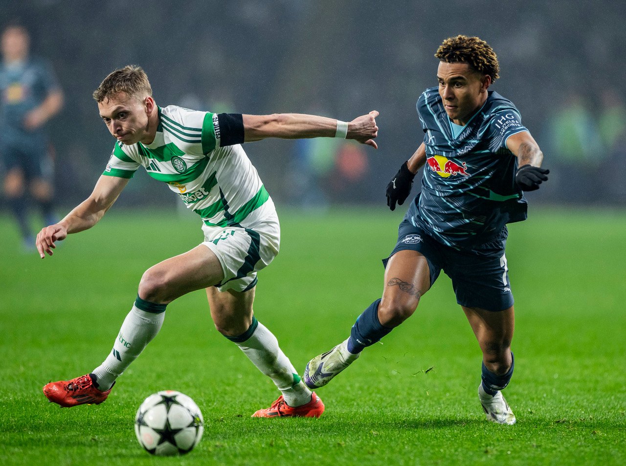 RB Leipzig's Antonio Nusa against Celtic's Alistair Johnston