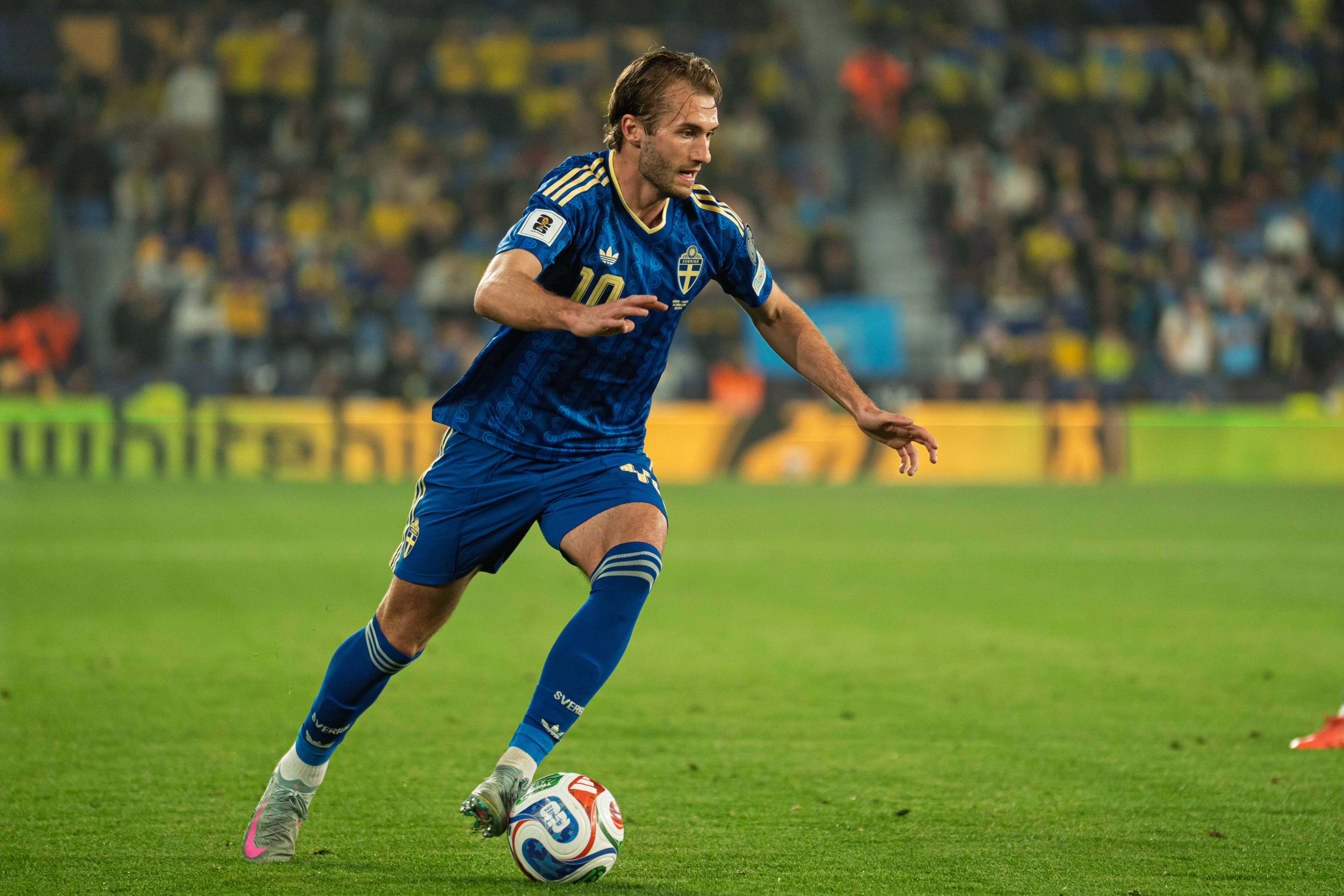 Benjamin Nygren in action for Sweden in their 3-1 win over Ukraine 