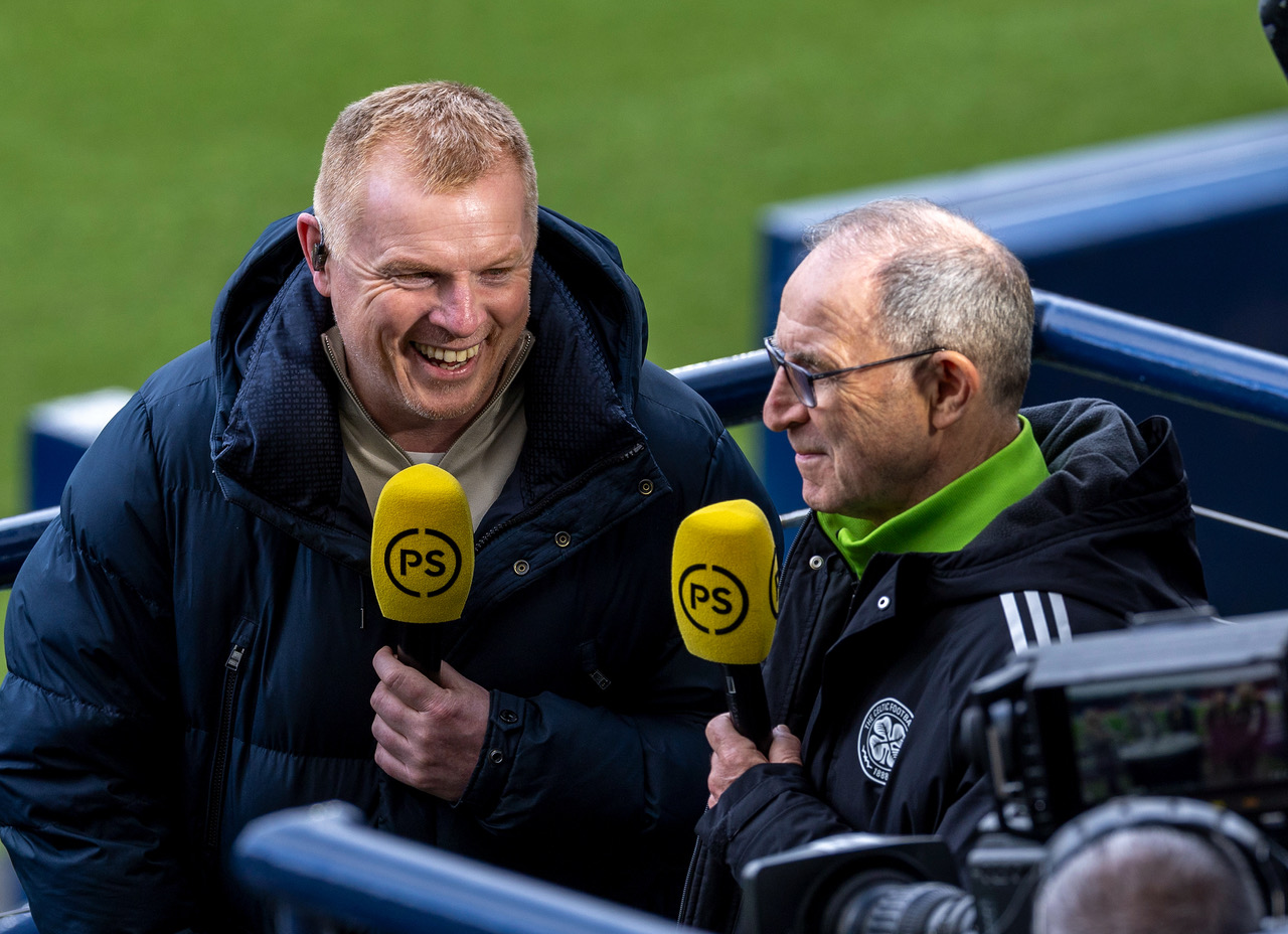 Neil Lennon jokes with Martin O'Neill after Celtic's 6-2 Scottish Cup semi-final win against St Miren at Hampden.