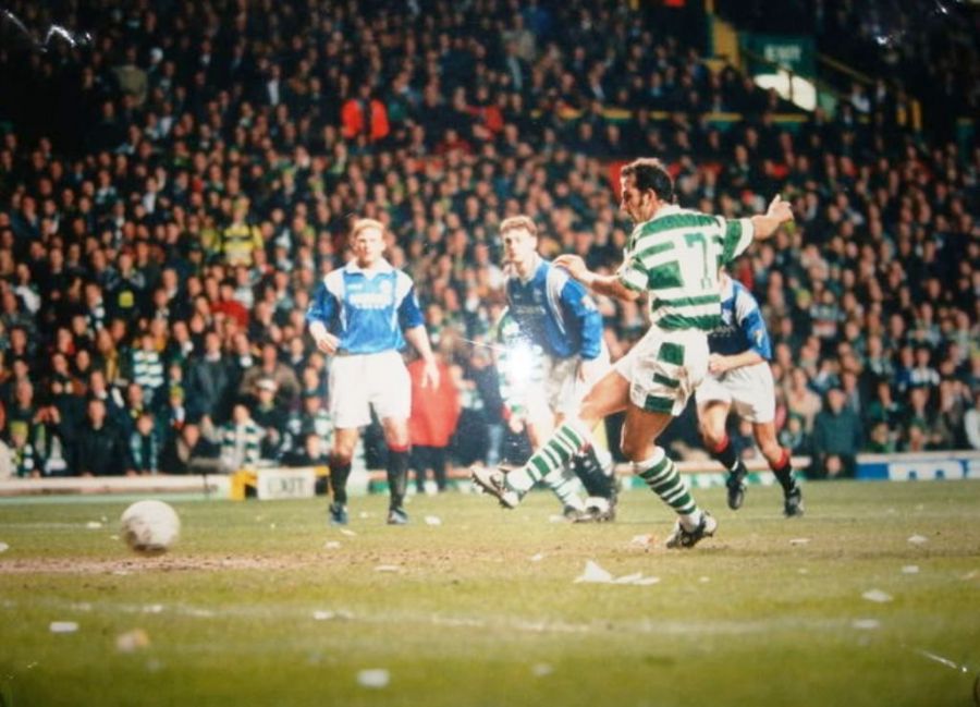 Paulo Di Canio scores against Rangers at Celtic Park on 6 March 1997
